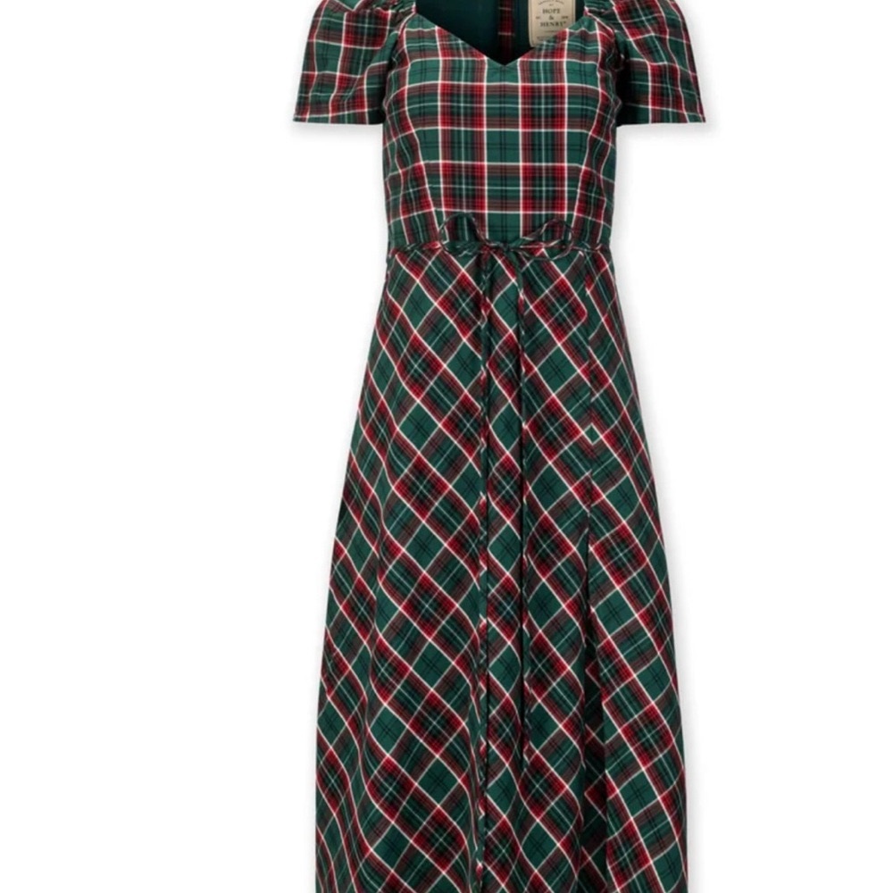 Green Plaid Short-Sleeve Maxi Dress